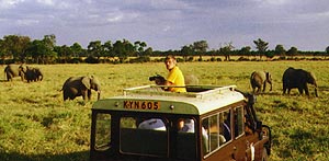 Charles Fracé standing up through the roof of a Land Rover in Africa